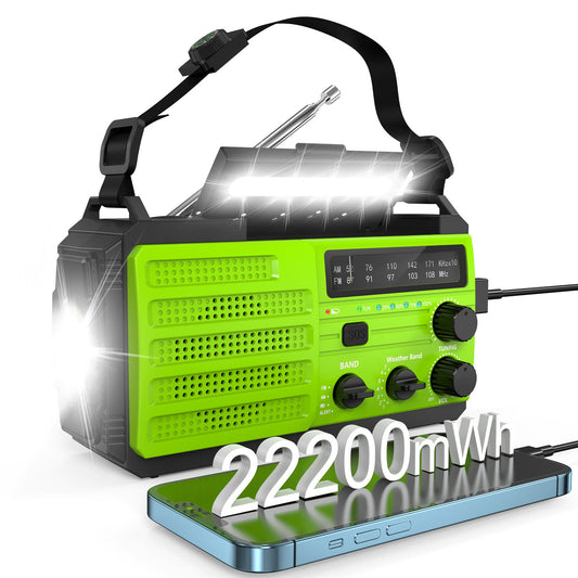Jazmm 22200mWh Emergency Crank Radio, Emergency Solar Radio, NOAA/AM/FM Weather Radio, SOS Alarm, 6000wAh Battery Hand Crank Flashlight, Compass for Tornado, Winter Storm, and Survival Kits(Green)
