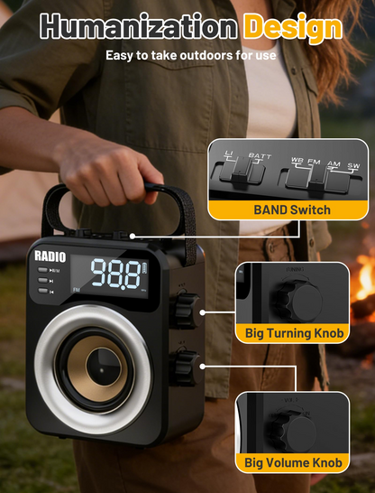 New 2026 Portable Radio AM FM WB SW with NOAA Alert, Bluetooth 5.4 Digital Radio, 4000mAh Rechargeable Battery/DC D*3 Cell Battery Operated, 10W Speaker, USB/TF Playback, LCD Display, Black