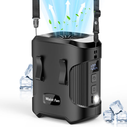 Jazmm Portable Waist Fan, Rechargeable Portable Wearable Fan with 3 Speeds Rechargeable Fan, LED Display, Flashlight & SOS Function, Up to 24H Battery Life for Outdoor Camping Travel