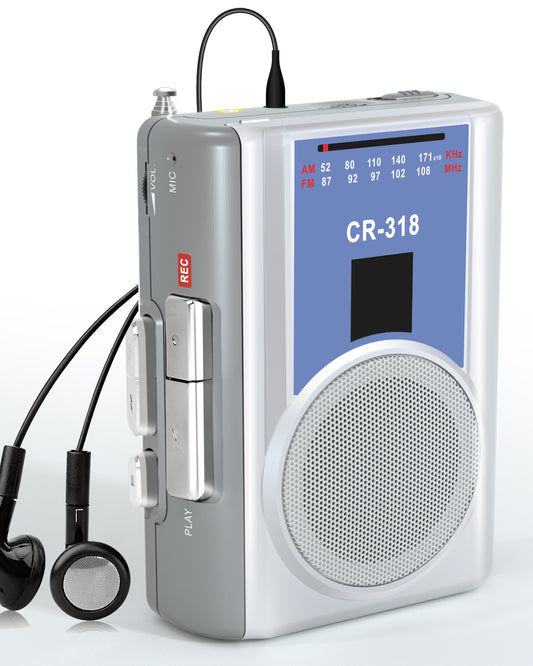 Jazmm Portable Cassette Recorder Player, AM/FM Compact Vintage Cassette Tape Player with Big Speaker & Earphone Jack, DC/AA Battery Powered
