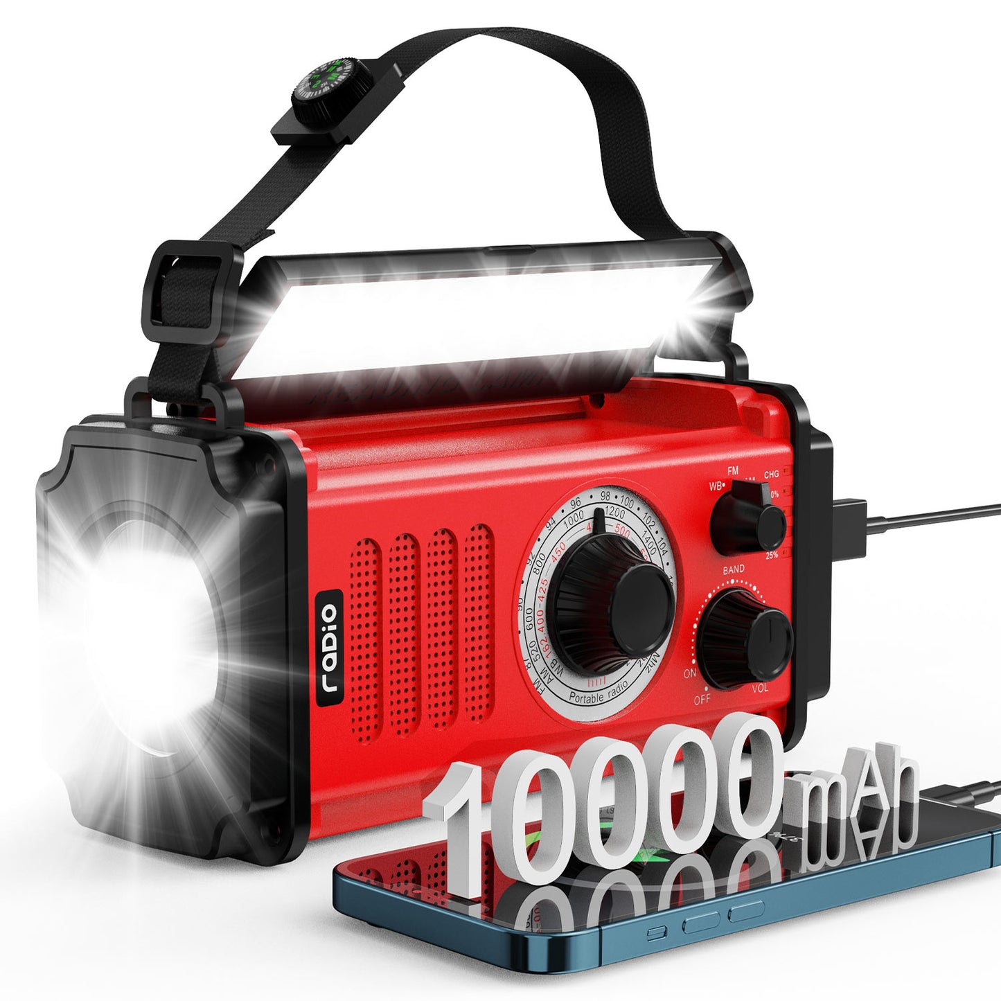 Jazmm 37000mWh Hand Crank Emergency Radio, Portable Solar AM/FM/NOAA Weather Radio with Rechargeable Battery Powered, USB Charger, SOS Alarm, Flashlight/Reading Lamp for Home Outdoor Survival(Red)