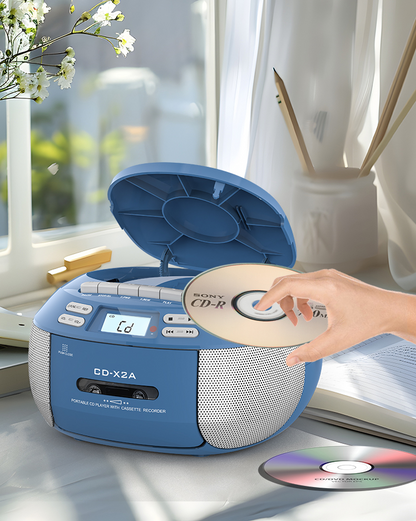 Jazmm CD Player Combo with Bluetooth, Boombox Cassette Portable CD Players, Support AM FM Radio/Remote Control/AUX/USB/Earphone, AC/Battery Operated, LCD Display for Home, Kids, Gift (Blue)