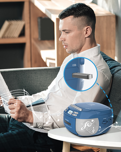 Jazmm CD Player Combo with Bluetooth, Boombox Cassette Portable CD Players, Support AM FM Radio/Remote Control/AUX/USB/Earphone, AC/Battery Operated, LCD Display for Home, Kids, Gift (Blue)