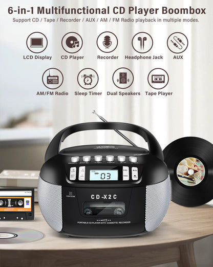 Jazmm CD Player Boombox Cassette Player Combo with Bluetooth, AM/FM Radio, Remote Control with Stereo Sound, AUX/USB Drive, Tape Recording,AC/DC Powered, Headphone Jack, LCD Display for Home,Kids,Gift
