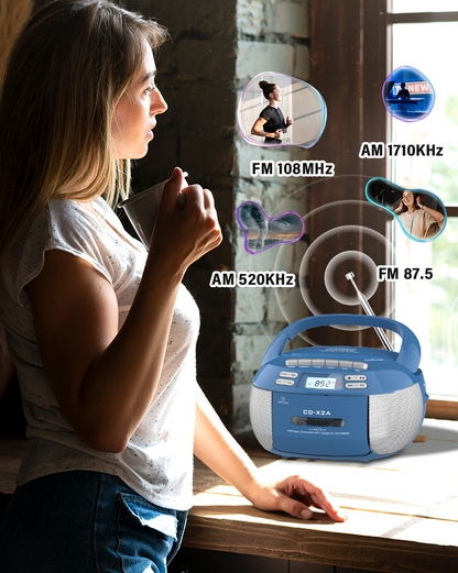 Jazmm CD Player Combo with Bluetooth, Boombox Cassette Portable CD Players, Support AM FM Radio/Remote Control/AUX/USB/Earphone, AC/Battery Operated, LCD Display for Home, Kids, Gift (Blue)