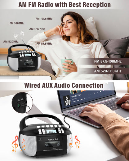 Jazmm CD Player Boombox Cassette Player Combo with Bluetooth, AM/FM Radio, Remote Control with Stereo Sound, AUX/USB Drive, Tape Recording,AC/DC Powered, Headphone Jack, LCD Display for Home,Kids,Gift