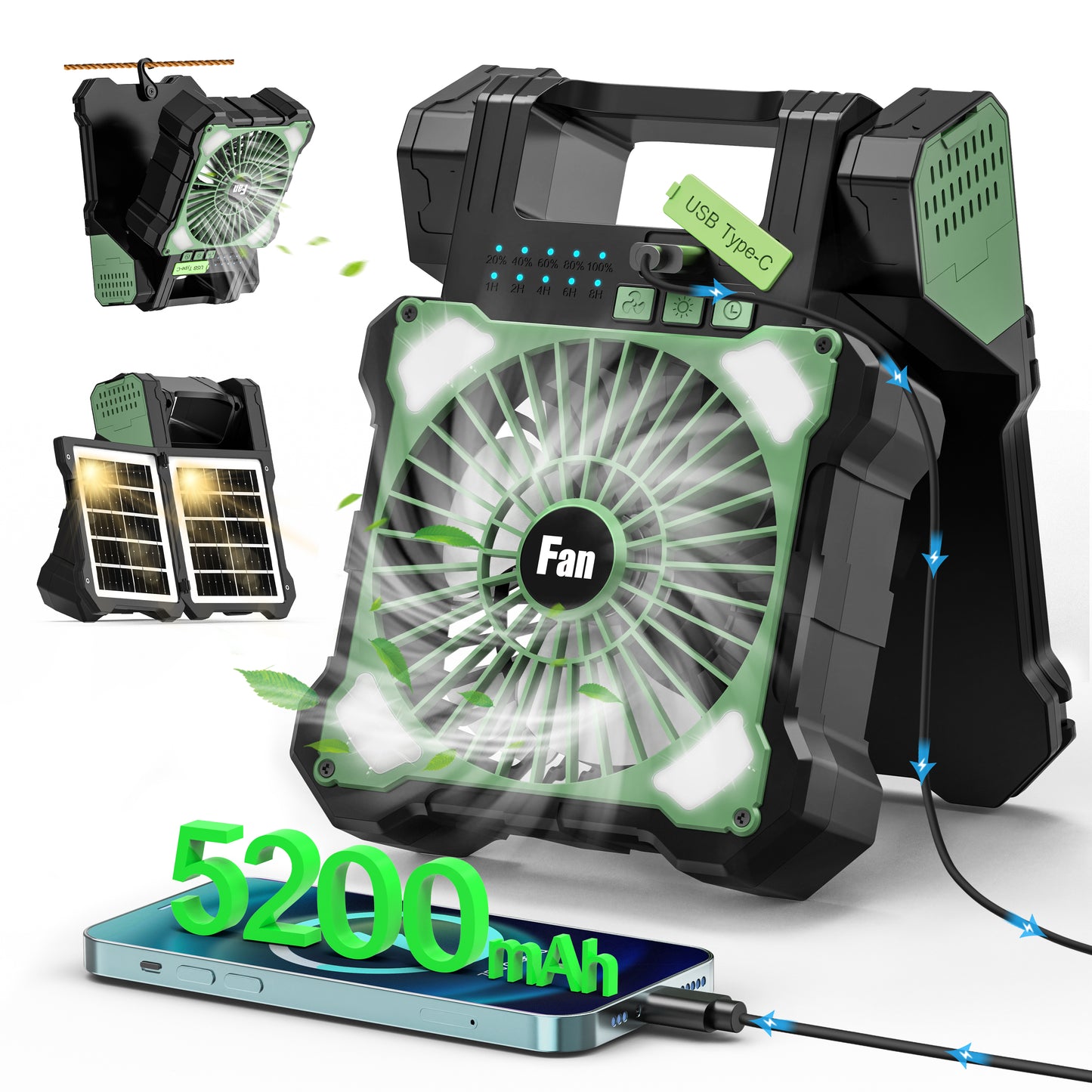 Jazmm Camping Fan, Battery Operated Fan, Rechargeable Personal Fan with Outdoor LED Light,Solar USB Charging, 5 Speed, PiFoldable Angle 90°, Maximum Battery Life 26H for Office, Bedroom, Works