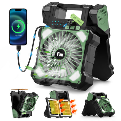 Jazmm Camping Fan, Battery Operated Fan, Rechargeable Personal Fan with Outdoor LED Light,Solar USB Charging, 5 Speed, PiFoldable Angle 90°, Maximum Battery Life 26H for Office, Bedroom, Works