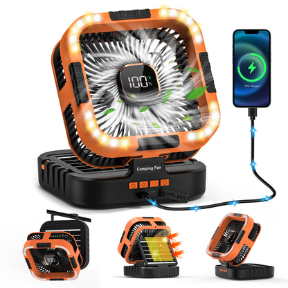 Jazmm Camping Fan with LED Lantern, 10000mAh Portable Battery Operated Outdoor Fan, 120°Head Rotation, 3 Light Modes, 6-Speed Tabletop Fan, Foldable Hooks Tent FansHiking for Camping Travel