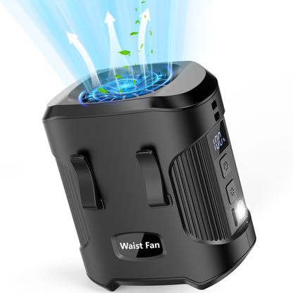 Jazmm Portable Waist Fan, Rechargeable Portable Wearable Fan with 3 Speeds Rechargeable Fan, LED Display, Flashlight & SOS Function, Up to 24H Battery Life for Outdoor Camping Travel