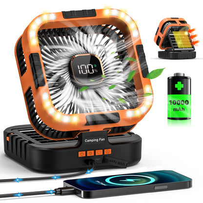Jazmm Camping Fan with LED Lantern, 10000mAh Portable Battery Operated Outdoor Fan, 120°Head Rotation, 3 Light Modes, 6-Speed Tabletop Fan, Foldable Hooks Tent FansHiking for Camping Travel