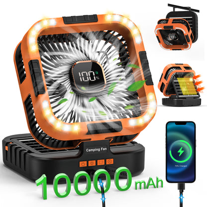 Jazmm Camping Fan with LED Lantern, 10000mAh Portable Battery Operated Outdoor Fan, 120°Head Rotation, 3 Light Modes, 6-Speed Tabletop Fan, Foldable Hooks Tent FansHiking for Camping Travel