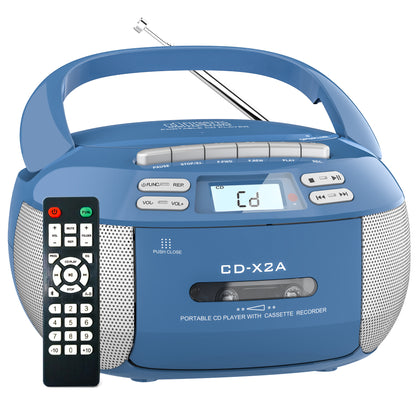 Jazmm CD Player Combo with Bluetooth, Boombox Cassette Portable CD Players, Support AM FM Radio/Remote Control/AUX/USB/Earphone, AC/Battery Operated, LCD Display for Home, Kids, Gift (Blue)