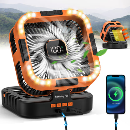Jazmm Camping Fan with LED Lantern, 10000mAh Portable Battery Operated Outdoor Fan, 120°Head Rotation, 3 Light Modes, 6-Speed Tabletop Fan, Foldable Hooks Tent FansHiking for Camping Travel