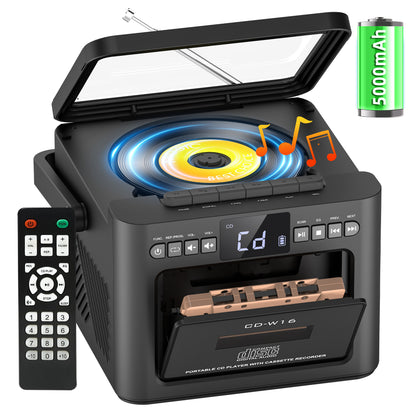Jazmm Boombox CD Player, CD Cassette Player Combo with Bluetooth, Built-in 5000 Rechargeable Battery, 5w HiFi Speakers, FM Radio, Tape Recording, USB/AUX/Micro SD/3.5mm Headphone for Home