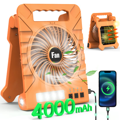 Jazmm Solar Camping Fan, Portable 4000mAh Rechargeable Battery Operated Fan with Solar/Type-C Charging, 4 Speeds, 3-Mode LED Light & Flashlight, 4 Timers, 90° Foldable Stand for Travel, Fishing