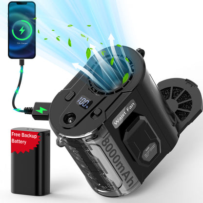 AI Portable Waist Fan With Spare Battery 5 Speeds Strong Airflow Belt Fan 26H Working Time Hands-Free Rechargeable Flashlight Personal Body For Outdoor Hiking Farms Camping