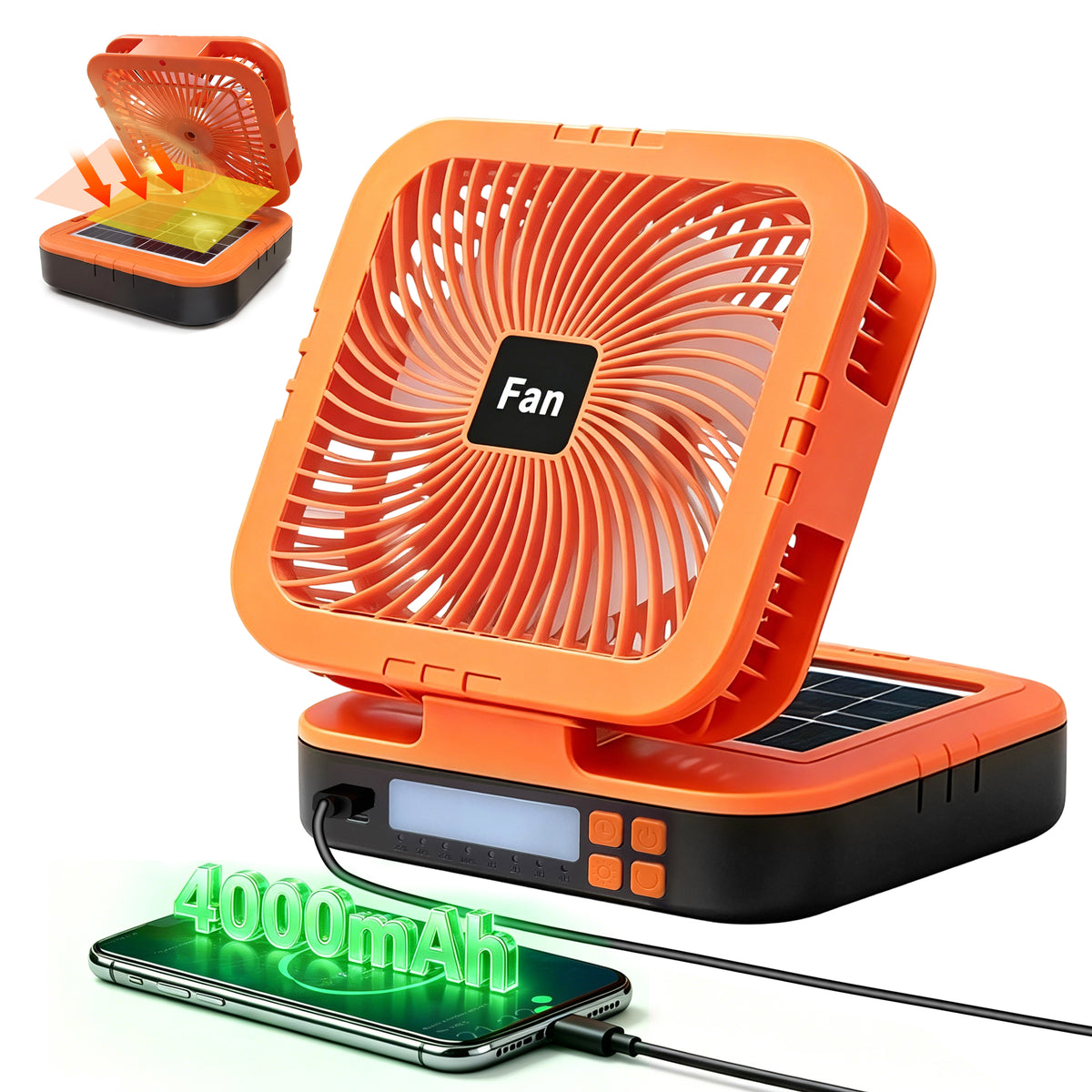 Solar Camping Fan with LED Light, 4000mAh Rechargeable Tent Fan, 4 Speeds, 90° Oscillation, Portable Outdoor Fan for Camping, Travel and Emergency Use