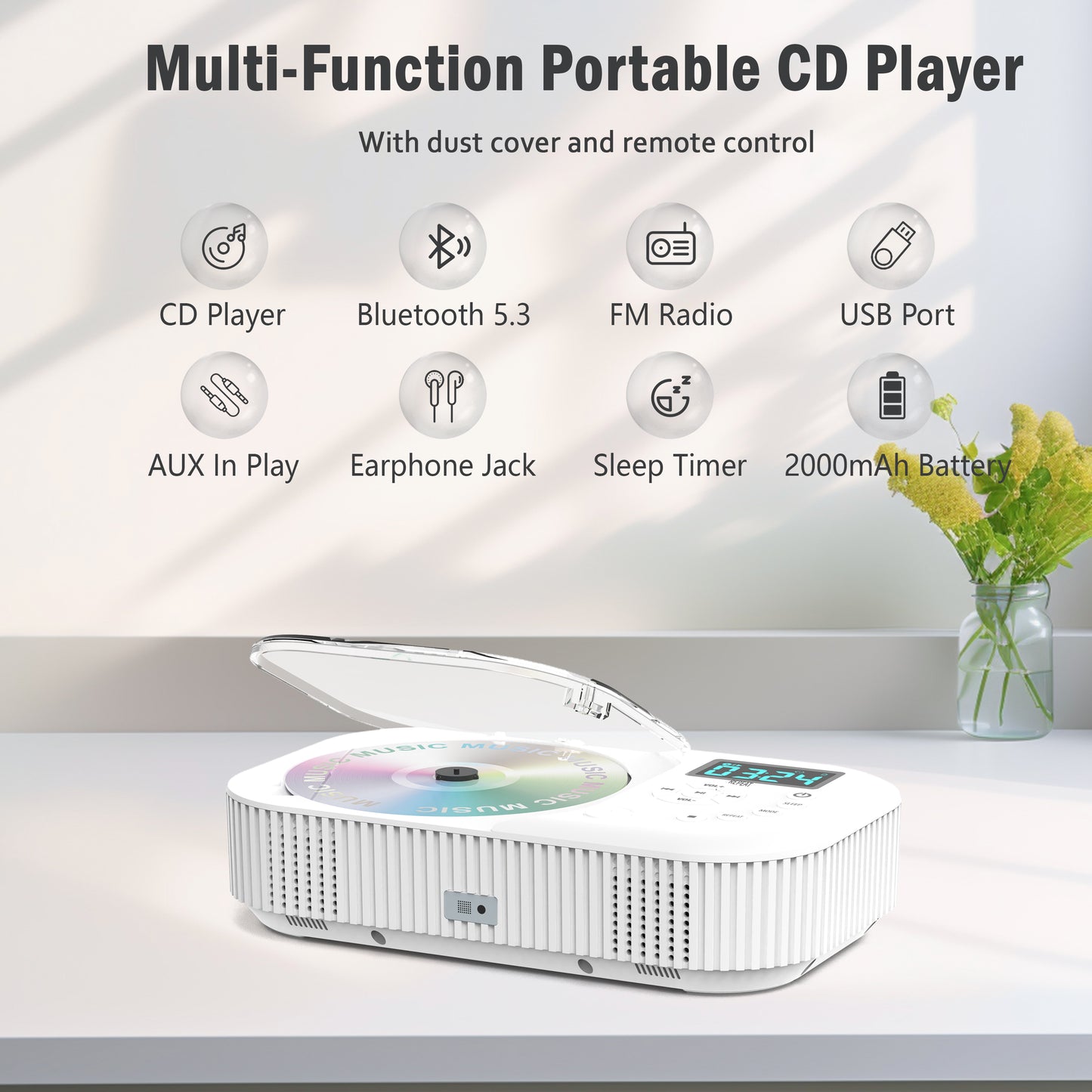 Jazmm Portable CD Player, Rechargeable Bluetooth CD Players for Home & Car