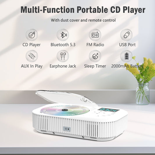 Jazmm Portable CD Player, Rechargeable Bluetooth CD Players for Home & Car