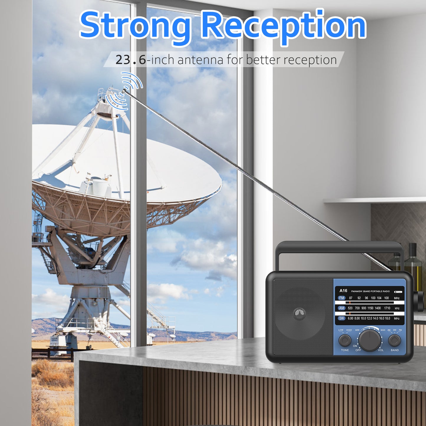 Jazmm Portable AM SW FM 3 Band Radio A16, AC/Battery Operated, Portable Shortwave Radio with Tuning Knob and Speaker, Blue