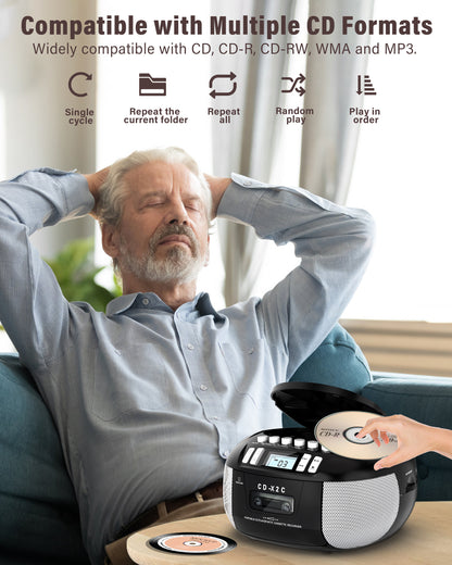 Jazmm CD Player Boombox Cassette Player Combo with Bluetooth, AM/FM Radio, Remote Control with Stereo Sound, AUX/USB Drive, Tape Recording,AC/DC Powered, Headphone Jack, LCD Display for Home,Kids,Gift