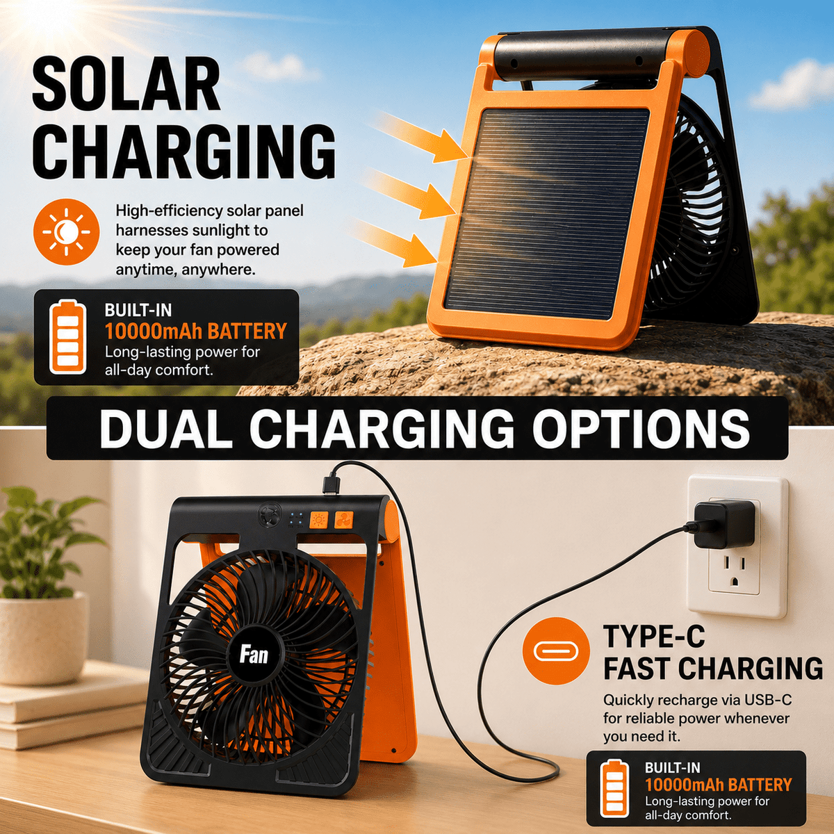 10000mAh Solar Camping Fan with Light, Rechargeable Portable Tent Fan with LED Lantern, 4-Speed Adjustable Airflow, Type-C Charging, Outdoor Camping and Emergency Use Fan