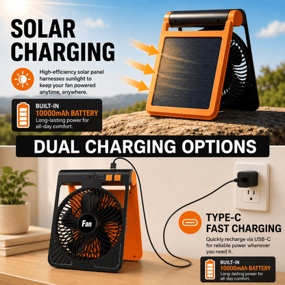 10000mAh Solar Camping Fan with Light, Rechargeable Portable Tent Fan with LED Lantern, 4-Speed Adjustable Airflow, Type-C Charging, Outdoor Camping and Emergency Use Fan