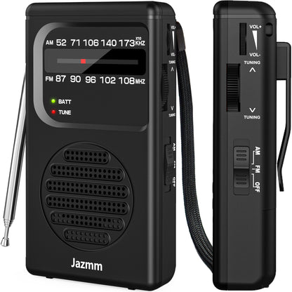 Jazmm Portable AM FM Radio, Battery Operated with 3W Speaker, Flashlight & Earphone Jack, Ideal Gift for All
