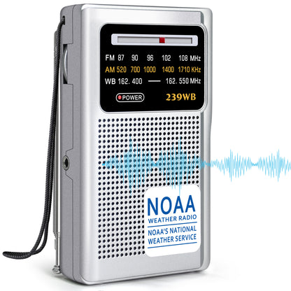 Portable NOAA Weather Radio, AM/FM Battery Operated Transistor Radio with 3.5mm Stereo Earphone Jack, Best Reception, Powered by 2 AA Batteries for Emergency, Outdoor & Home Use (Silver)