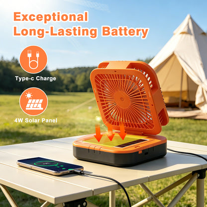 Solar Camping Fan with LED Light, 4000mAh Rechargeable Tent Fan, 4 Speeds, 90° Oscillation, Portable Outdoor Fan for Camping, Travel and Emergency Use
