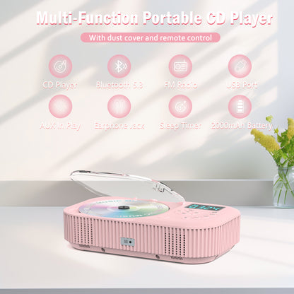 Jazmm Portable CD Player, Rechargeable Bluetooth CD Players for Home & Car, 2000mAh Anti-Skip CD Player with FM Radio/USB/AUX/Remote Control, Bulit-in Dual Speakers,Timer (Pink)