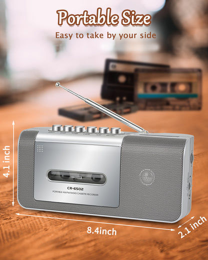 Jazmm Portable Cassette Recorder Player, AM/FM Cassette Tape Player with Built, in Loud Speaker, Microphone & 3.5mm Earphone Jack, AC/AA Battery Powered,  Ideal Gift for Home