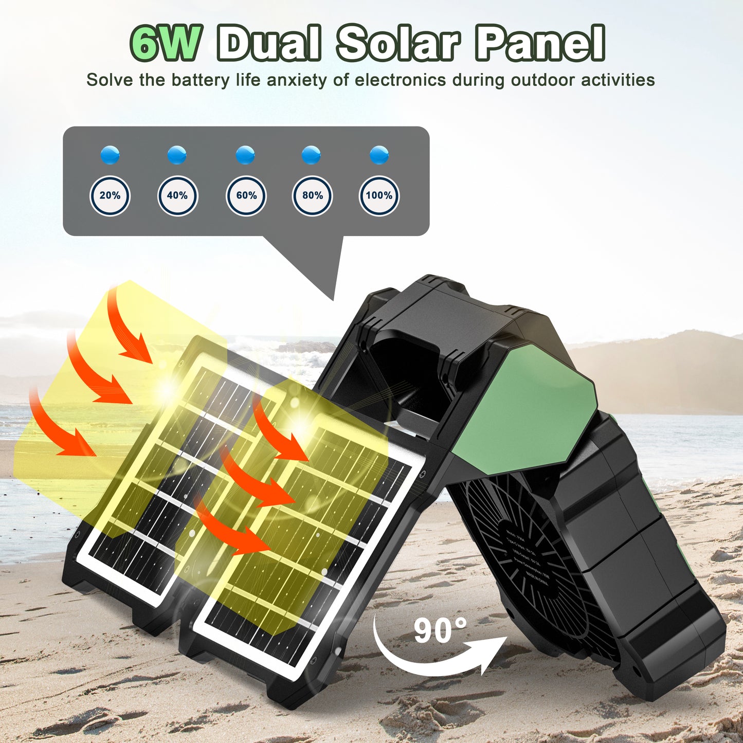 Jazmm Camping Fan, Battery Operated Fan, Rechargeable Personal Fan with Outdoor LED Light,Solar USB Charging, 5 Speed, PiFoldable Angle 90°, Maximum Battery Life 26H for Office, Bedroom, Works