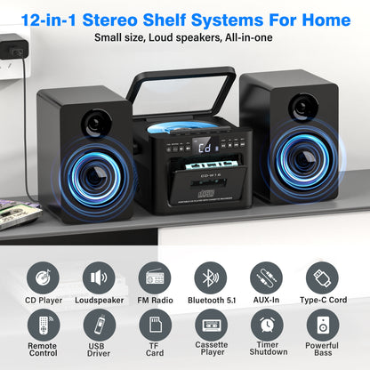 Jazmm Stereo System for Home with Boombox CD and Cassette Player Combo, 40W Home Stereo System with Bluetooth, FM Radio/USB/TF/AUX/Remote Control, Detachable Wooden Bookshelf Speakers