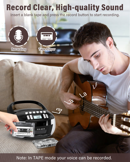 Jazmm CD Player Boombox Cassette Player Combo with Bluetooth, AM/FM Radio, Remote Control with Stereo Sound, AUX/USB Drive, Tape Recording,AC/DC Powered, Headphone Jack, LCD Display for Home,Kids,Gift