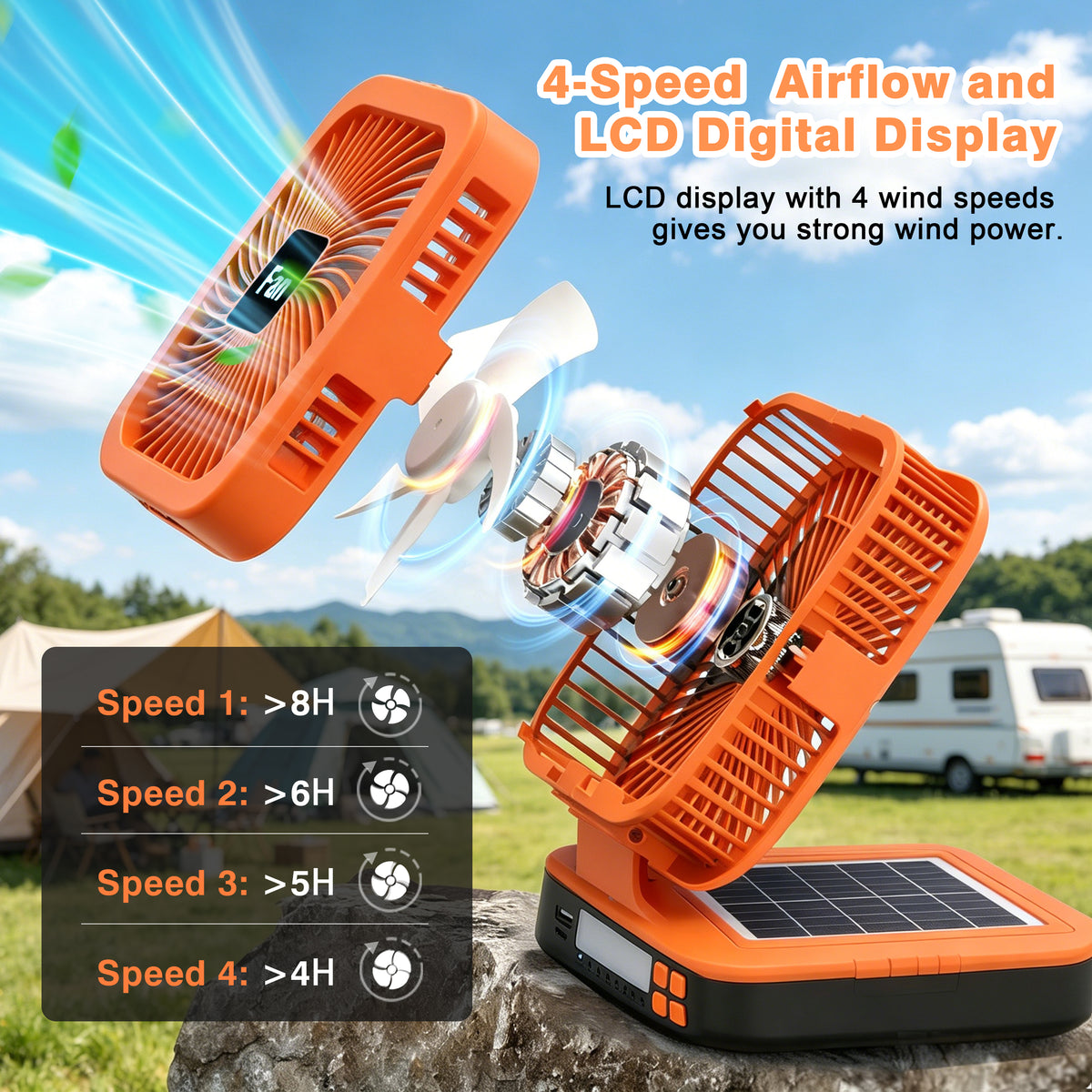 Solar Camping Fan with LED Light, 4000mAh Rechargeable Tent Fan, 4 Speeds, 90° Oscillation, Portable Outdoor Fan for Camping, Travel and Emergency Use