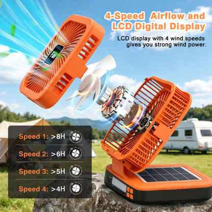 Solar Camping Fan with LED Light, 4000mAh Rechargeable Tent Fan, 4 Speeds, 90° Oscillation, Portable Outdoor Fan for Camping, Travel and Emergency Use