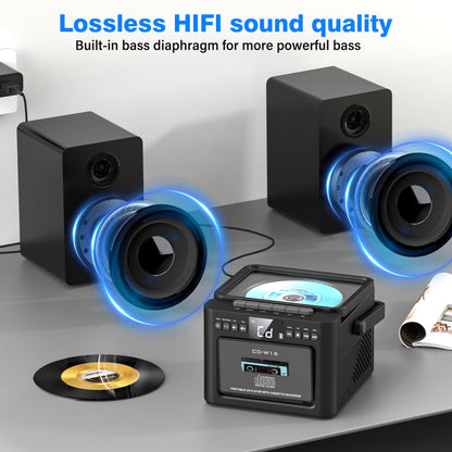 Jazmm Stereo System for Home with Boombox CD and Cassette Player Combo, 40W Home Stereo System with Bluetooth, FM Radio/USB/TF/AUX/Remote Control, Detachable Wooden Bookshelf Speakers