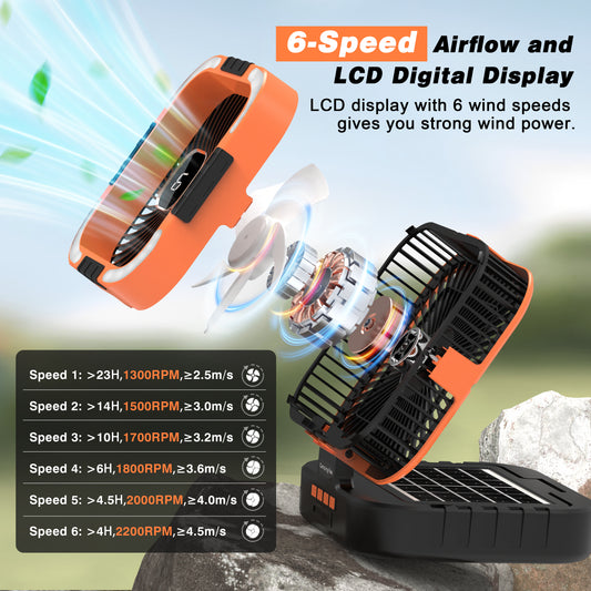 Jazmm Camping Fan with LED Lantern, 10000mAh Portable Battery Operated Outdoor Fan, 120°Head Rotation, 3 Light Modes, 6-Speed Tabletop Fan, Foldable Hooks Tent FansHiking for Camping Travel