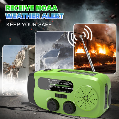 Jazmm Hand Crank Emergency Radio, 7400mWh NOAA/AM/FM Portable Radio, Solar Emergency Radio, Weather Alert, Flashlight for Emergency, Power Bank Cellphone Charger（Green）