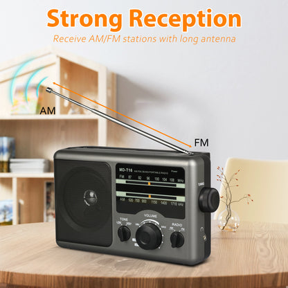 Jazmm AM FM Portable Radio Battery Operated Radio, AC/Battery Dual Power, small radio with and Big Speaker, Standard Earphone Jack, High/Low Tone Mode Large Knob for Home/Outdoor Use