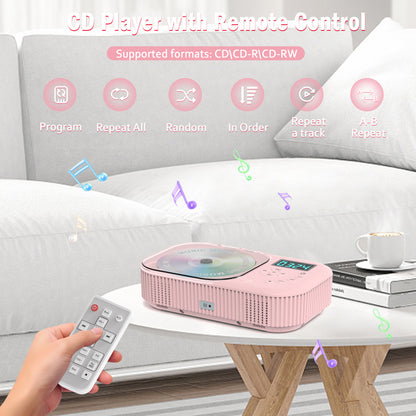 Jazmm Portable CD Player, Rechargeable Bluetooth CD Players for Home & Car, 2000mAh Anti-Skip CD Player with FM Radio/USB/AUX/Remote Control, Bulit-in Dual Speakers,Timer (Pink)