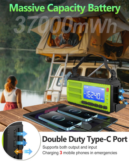 37000mWh Hand Crank Emergency Radio, AM FM NOAA Weather Alert Radio, Portable, Solar, 4 Charging Methods, 3-Mode Flashlight