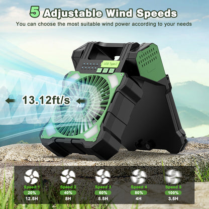 Jazmm Camping Fan, Battery Operated Fan, Rechargeable Personal Fan with Outdoor LED Light,Solar USB Charging, 5 Speed, PiFoldable Angle 90°, Maximum Battery Life 26H for Office, Bedroom, Works