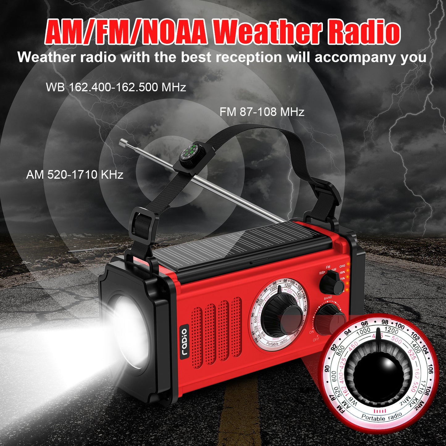 Jazmm 37000mWh Hand Crank Emergency Radio, Portable Solar AM/FM/NOAA Weather Radio with Rechargeable Battery Powered, USB Charger, SOS Alarm, Flashlight/Reading Lamp for Home Outdoor Survival(Red)