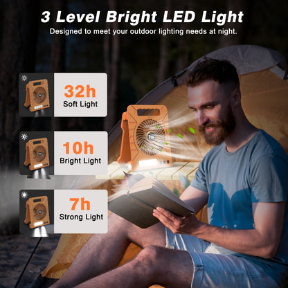 Jazmm Solar Camping Fan, Portable 4000mAh Rechargeable Battery Operated Fan with Solar/Type-C Charging, 4 Speeds, 3-Mode LED Light & Flashlight, 4 Timers, 90° Foldable Stand for Travel, Fishing