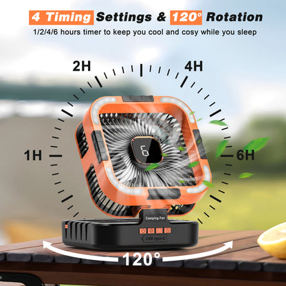 Jazmm Camping Fan with LED Lantern, 10000mAh Portable Battery Operated Outdoor Fan, 120°Head Rotation, 3 Light Modes, 6-Speed Tabletop Fan, Foldable Hooks Tent FansHiking for Camping Travel