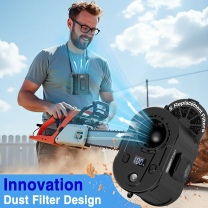 AI Portable Waist Fan With Spare Battery 5 Speeds Strong Airflow Belt Fan 26H Working Time Hands-Free Rechargeable Flashlight Personal Body For Outdoor Hiking Farms Camping