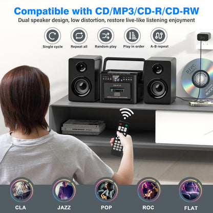 Jazmm Stereo System for Home with Boombox CD and Cassette Player Combo, 40W Home Stereo System with Bluetooth, FM Radio/USB/TF/AUX/Remote Control, Detachable Wooden Bookshelf Speakers